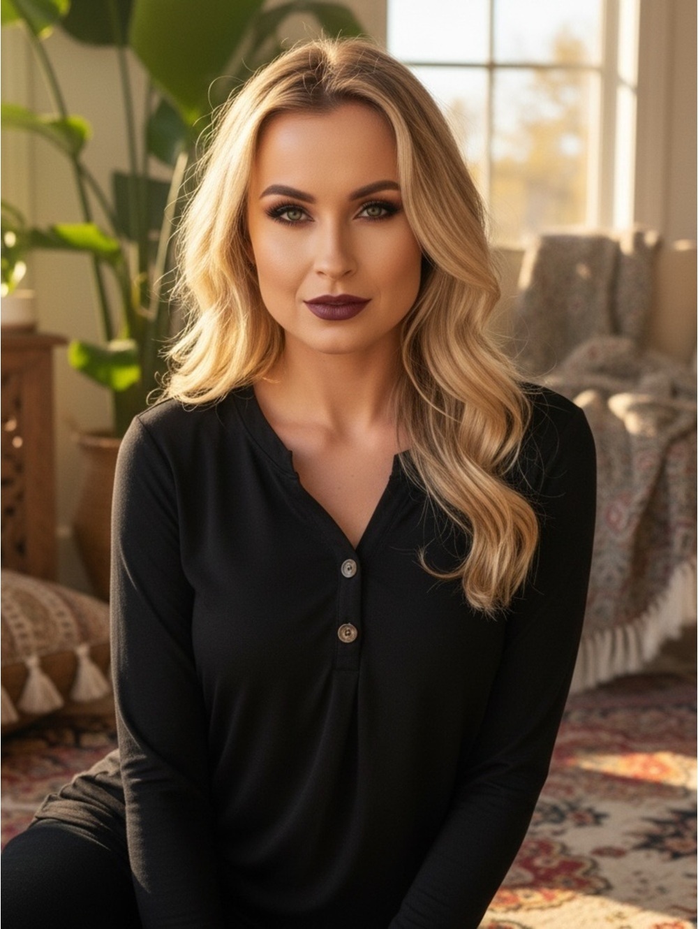 Long-Sleeve Black Henley Top with Button Placket